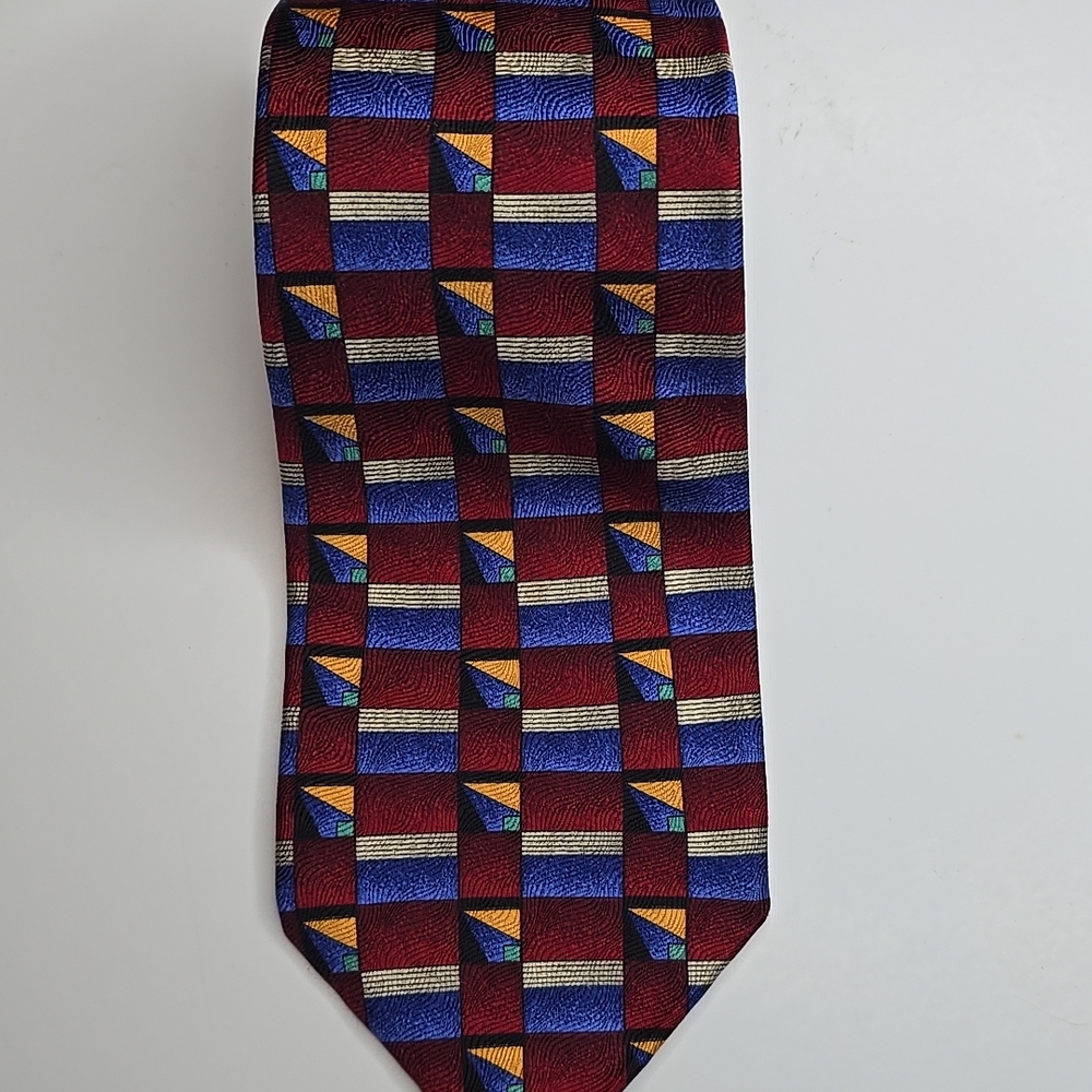 Robert Talbott Studio Silk Tie Burgundy Blue Geometric Pattern